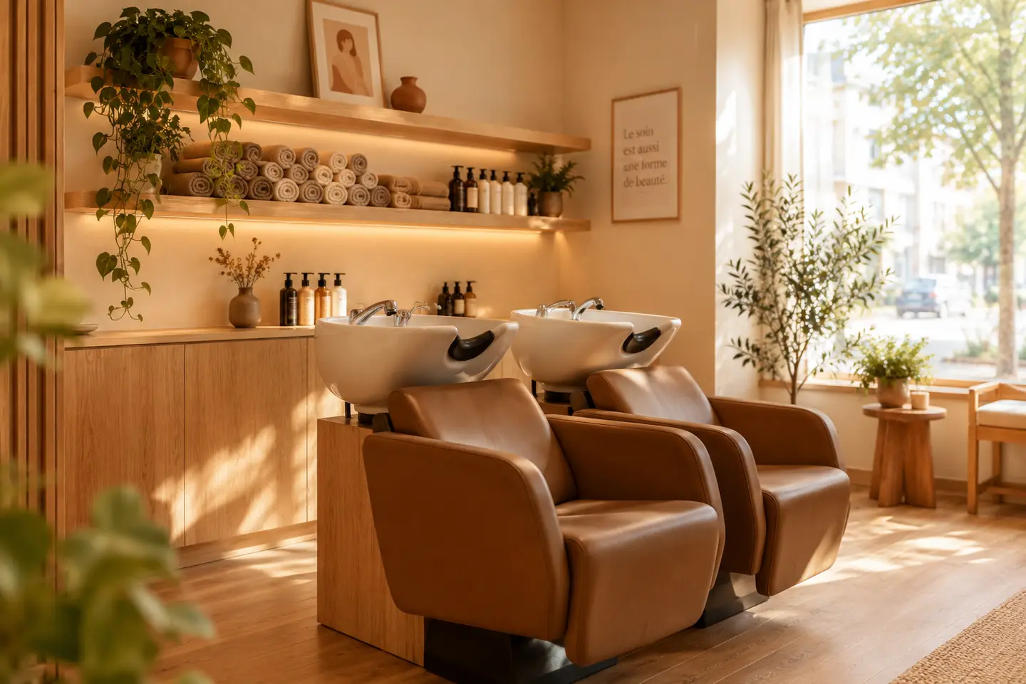 Deux bacs à shampoing en céramique blanche avec fauteuils inclinables en cuir fauve, près de la fenêtre.