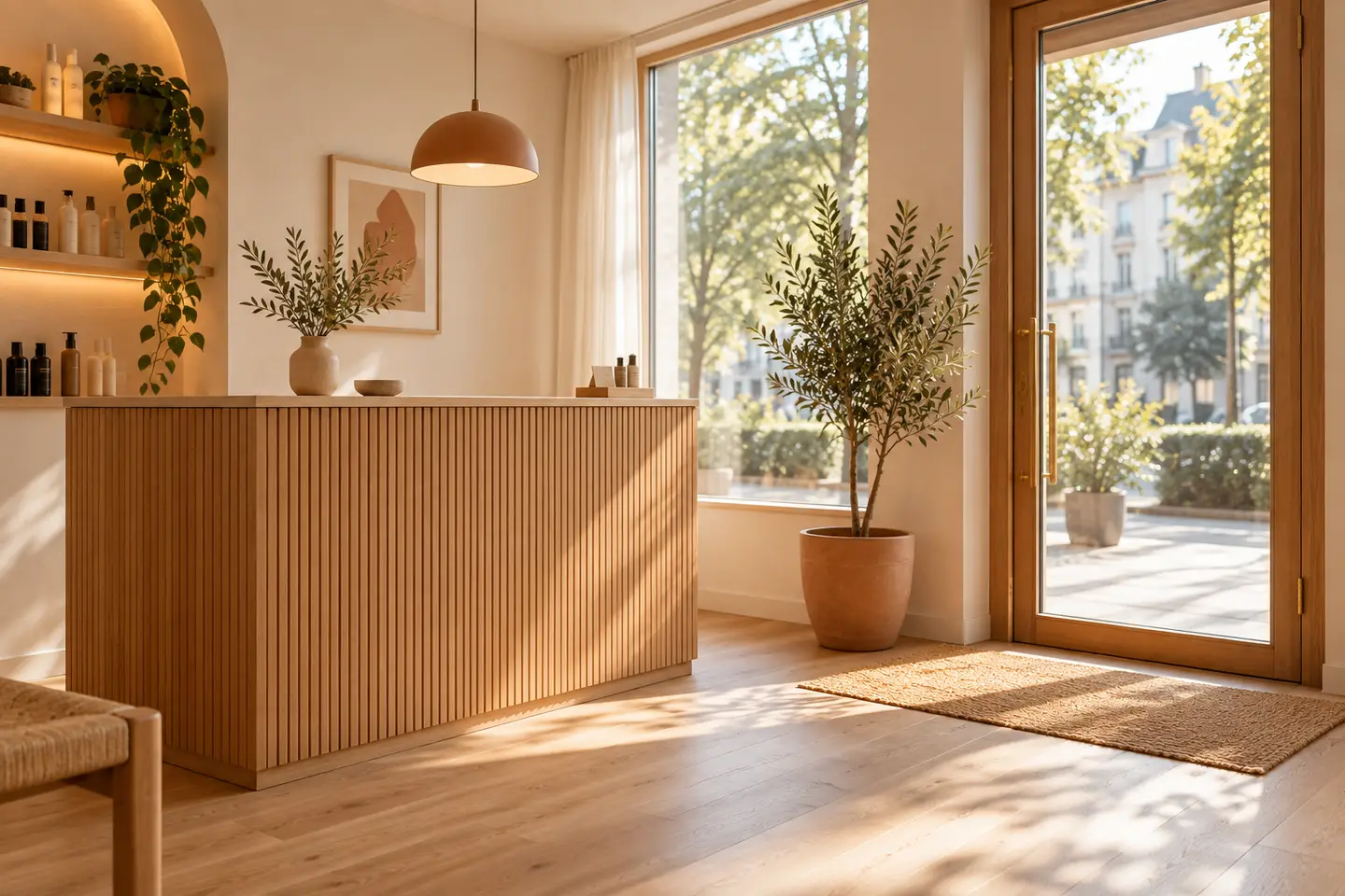 L'entrée du salon : comptoir d'accueil en bois cannelé, porte vitrée et olivier en pot, lumière du jour.