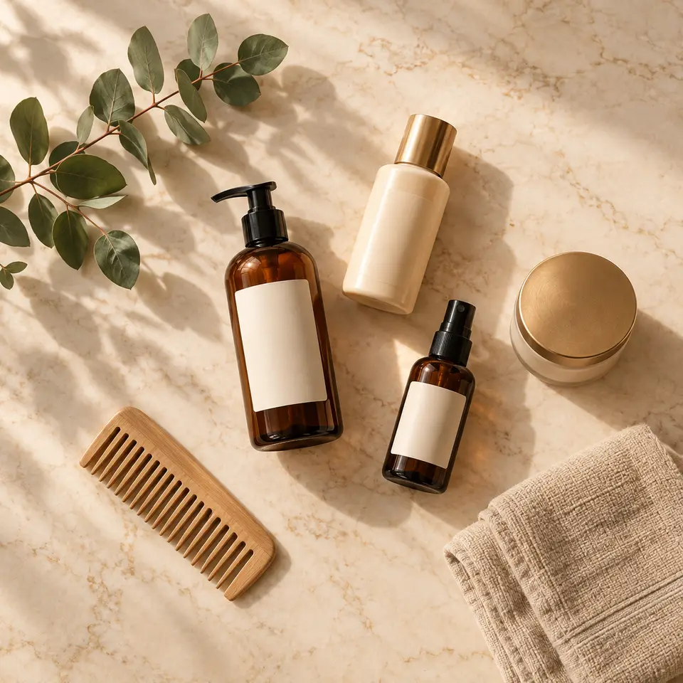 Produits de coiffage à plat sur un plan de marbre clair : flacons ambrés, peigne en bois et serviette.