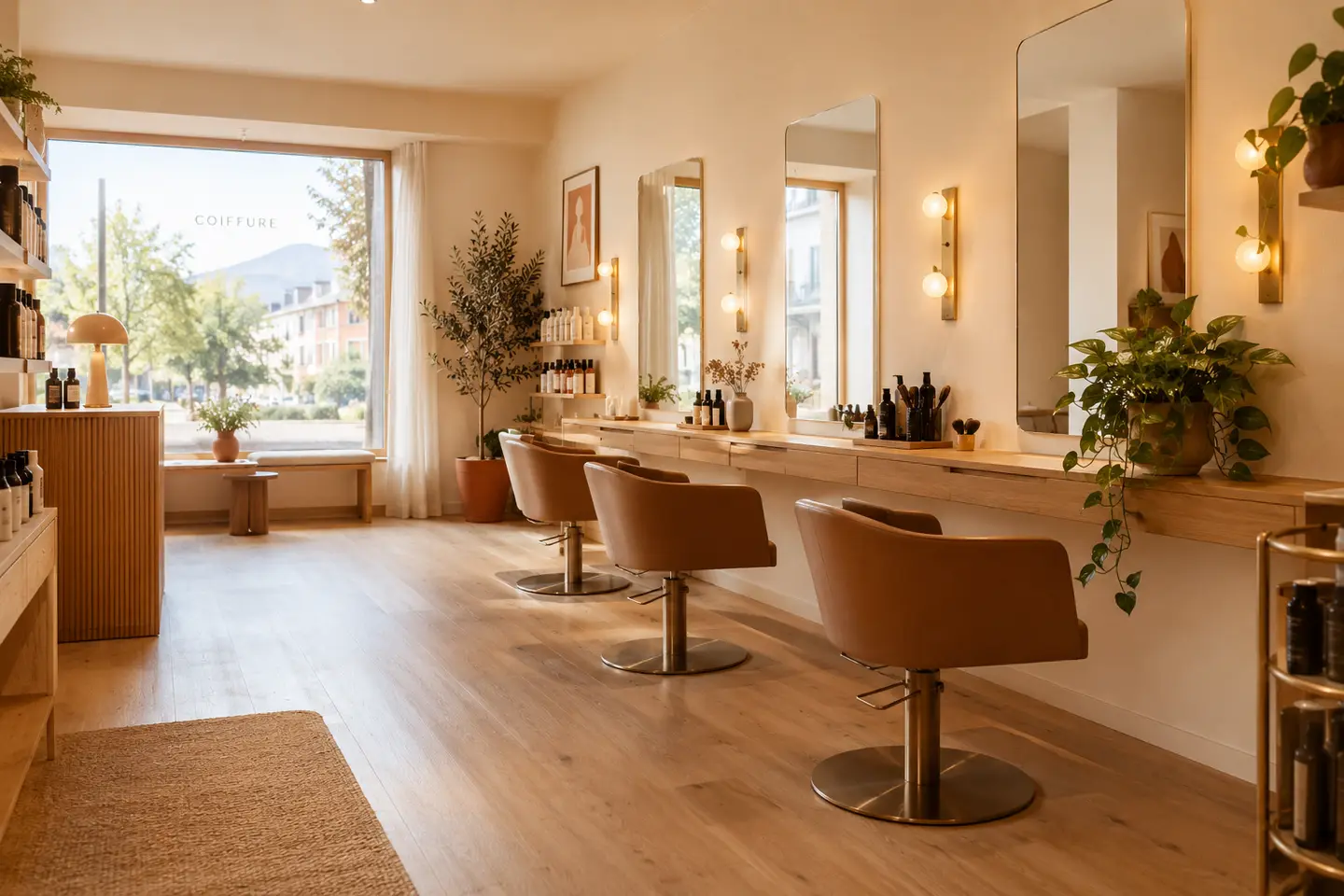 Trois fauteuils de coiffage en cuir fauve alignés devant de grands miroirs, dans un salon clair au parquet chêne, lumière du matin.